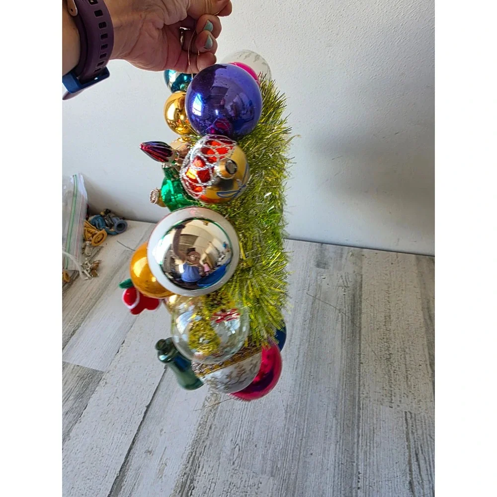 Antique vintage glass ornament wreath pixie knee hugger Santa Xmas hanging decor